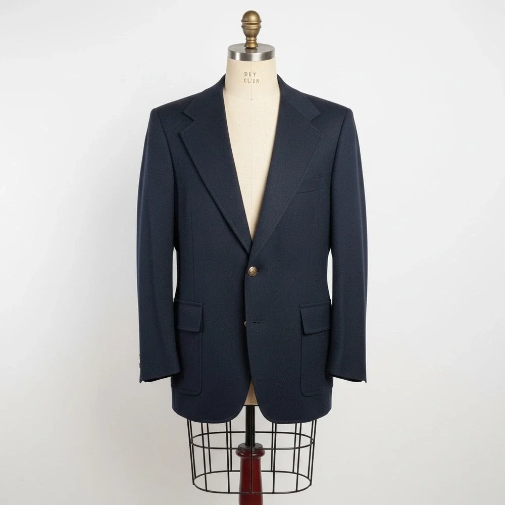 Vintage‎ Wide Lapel Preppy Navy Blue Blazer 38/40R Gold Buttons Hopsack Summer